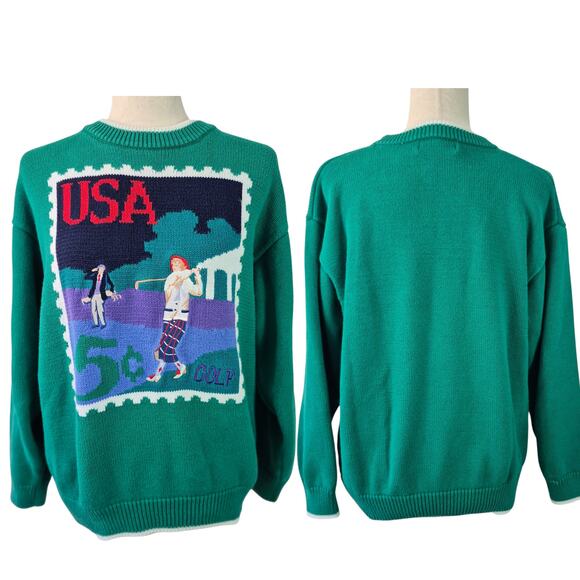 HKA Designs Green Blue Purple Vintage Golf Stamp Theme Sweater XL - Picture 1 of 3
